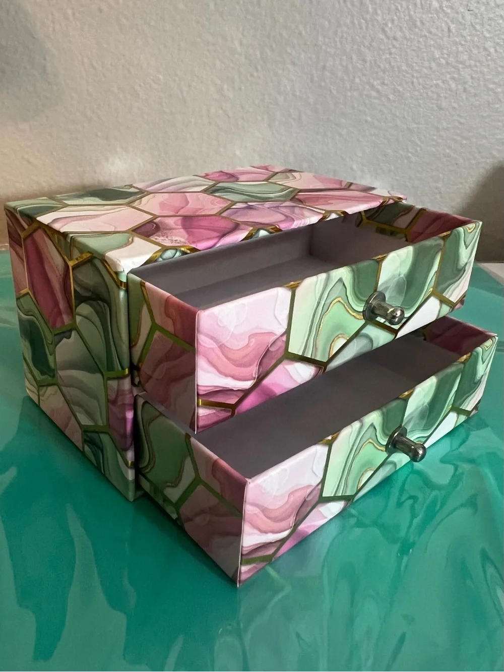 2-Drawer Marble Patterned Pink Green Gold Small Jewelry Organizer Storage Box